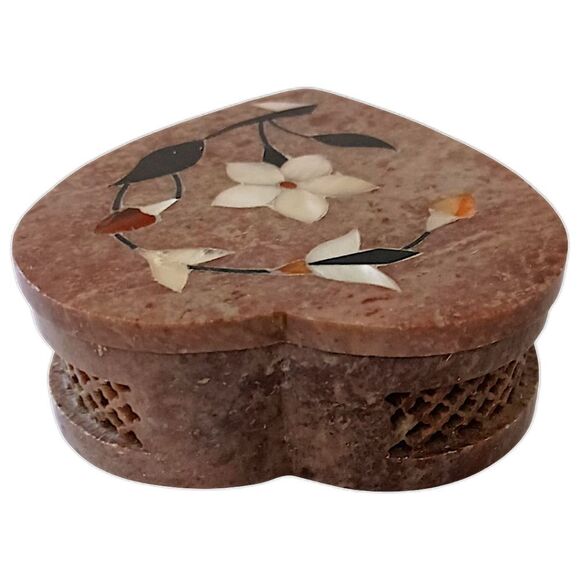 Soapstone Trinket Box Inlaid Mother of Pearl Floral Hand Carved Vintage Heart - Picture 8 of 16